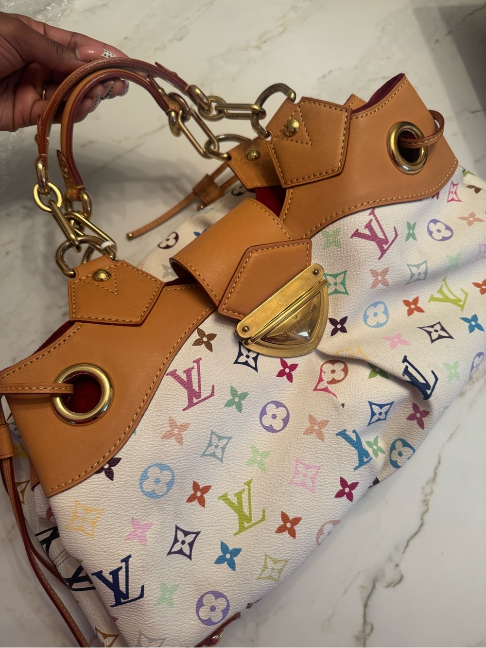 Louis Vuitton White Multicolor Monogram Canvas Shoulder Bag with Tan Trim